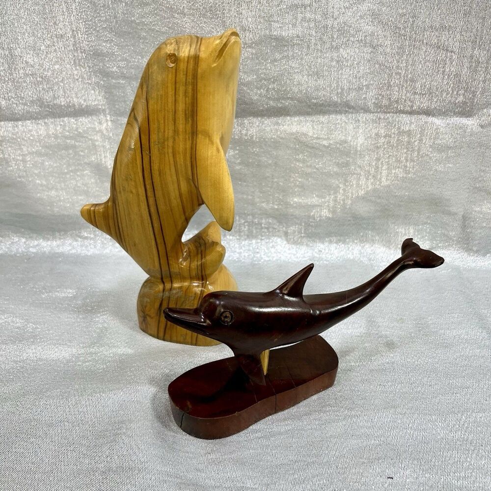 Hand Carved Wooden Dolphins Figurine Sculpture Decor Set of 2